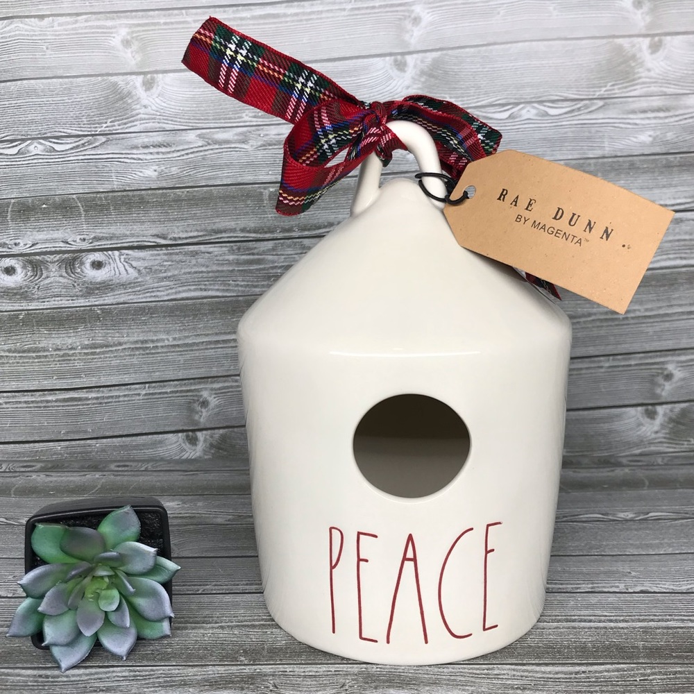 Rae Dunn peace white red birdhouse plaid bow LL